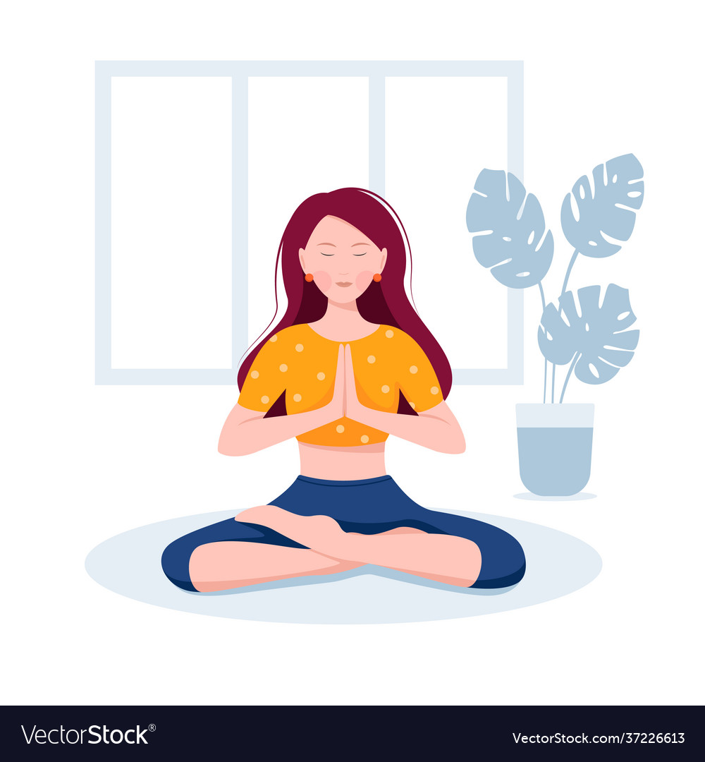 Girl meditates a in yoga pose sits Royalty Free Vector Image