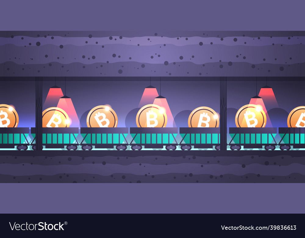 Underground minecart on rails with bitcoins vector image Underground minecart on rails with bitcoins