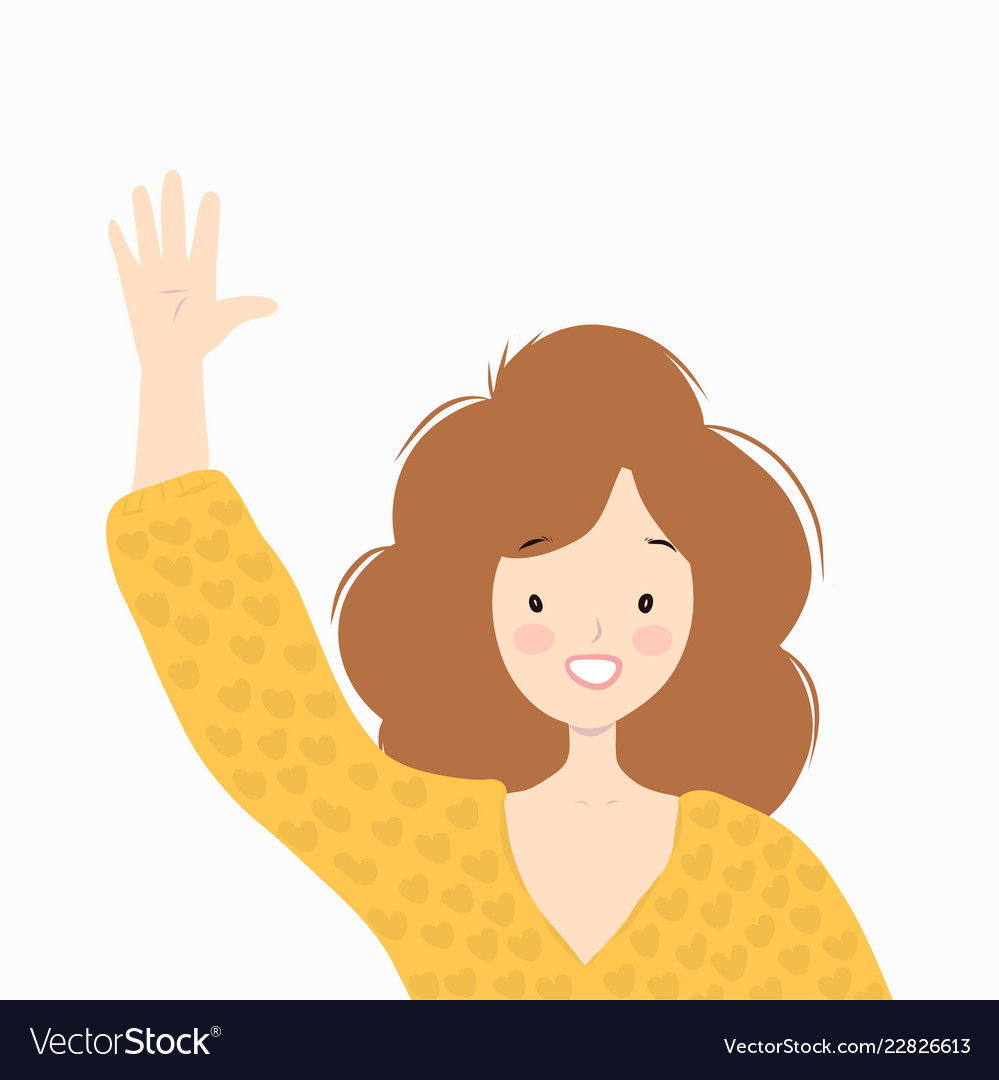 Woman in a yellow sweater is smiling and waving