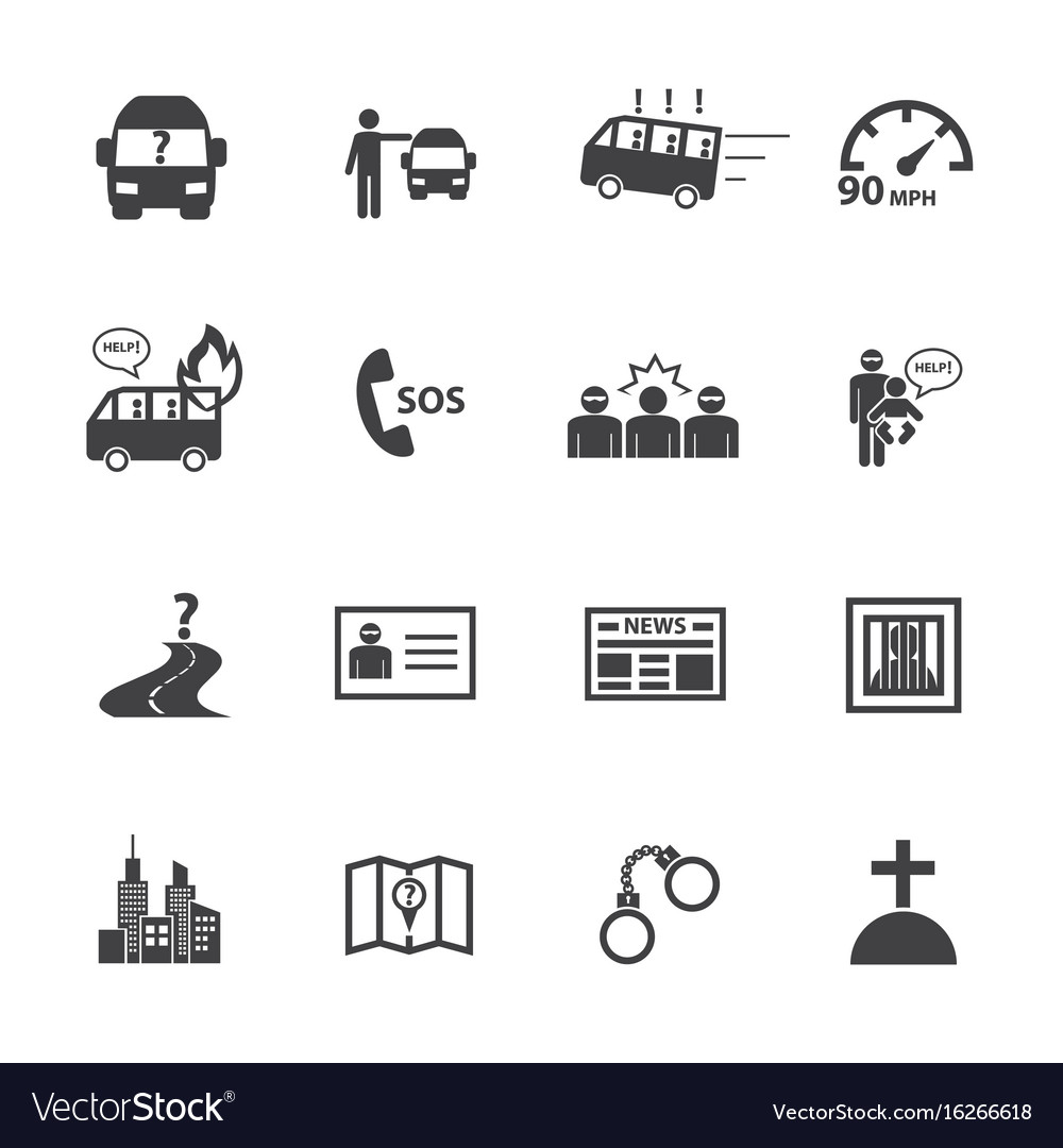 Dangers of public bus icons set flat design