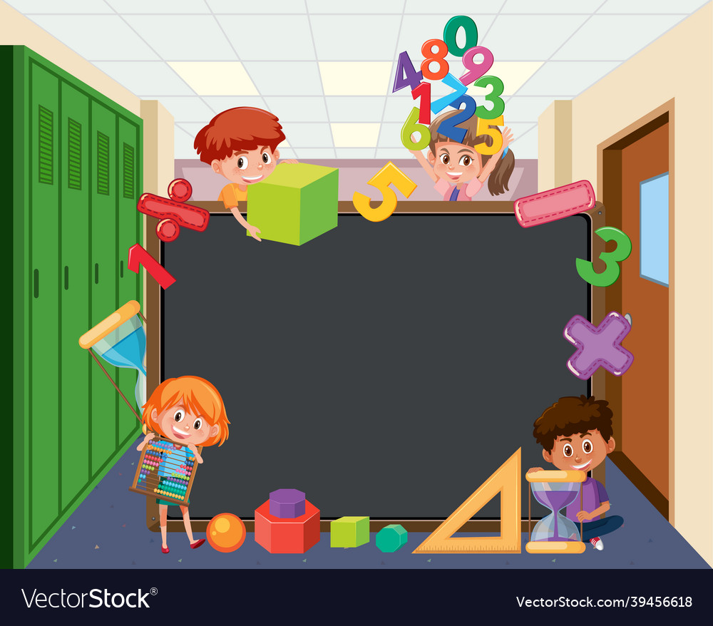 Empty blackboard with school kids and math objects