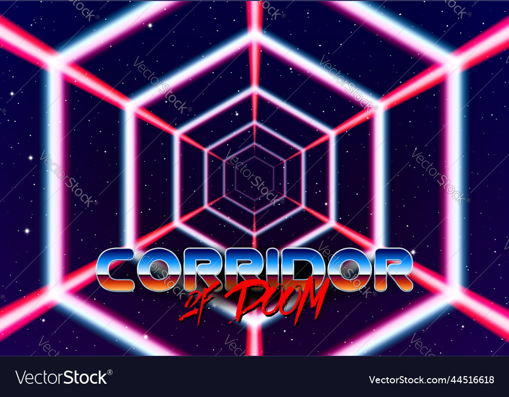 Neon-Tunnel im Raum mit 80s-Stil lazer Linien vector image Neon-Tunnel im Raum mit 80s-Stil lazer Linien