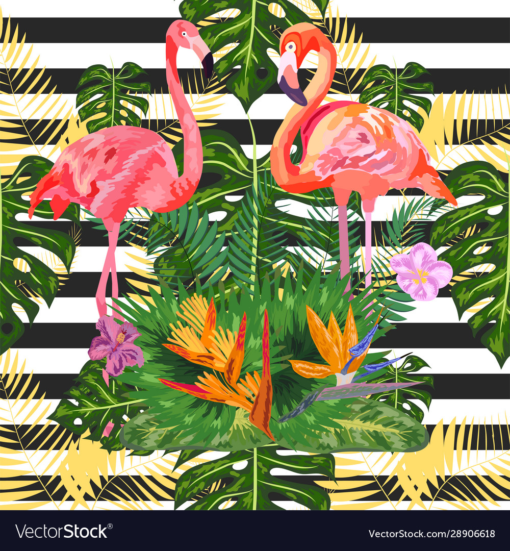 Pink flamingos hibiscus monstera banana leaf