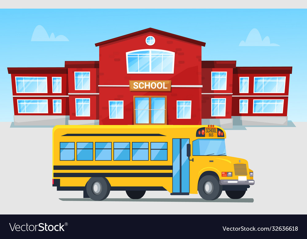 Yellow bus in front school building Royalty Free Vector