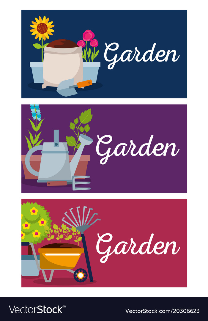 Collection banner garden tree flowers wheelbarrow