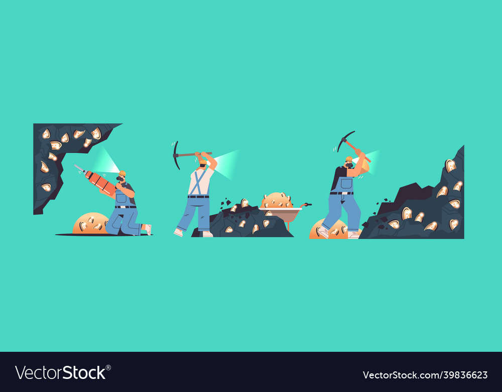 Set miners digging and extracting bitcoins in mine vector image Set miners digging and extracting bitcoins in mine