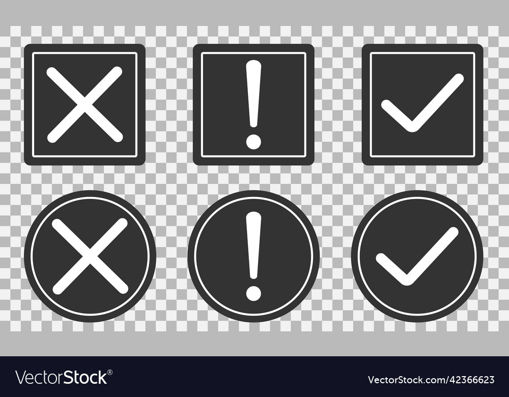 Set of flat round check mark exclamation point x vector image Set of flat round check mark exclamation point x