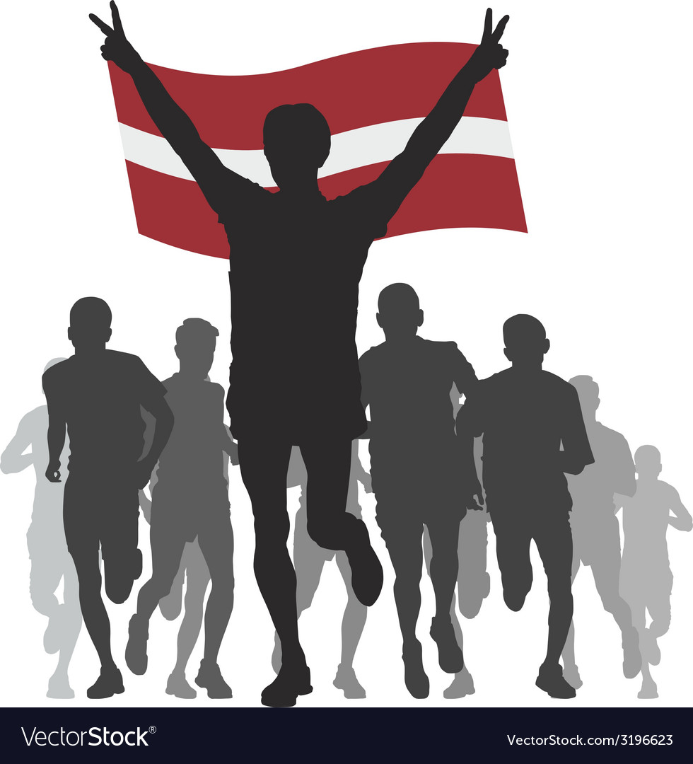 Winner with the Latvia flag at the finish Vector Image