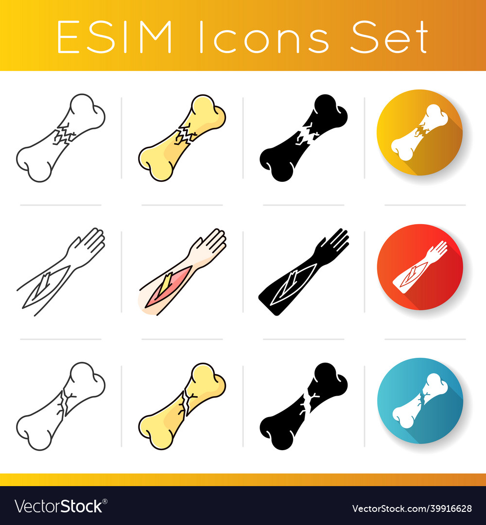 Bone fractures icons set open fracture limb vector image Bone fractures icons set open fracture limb