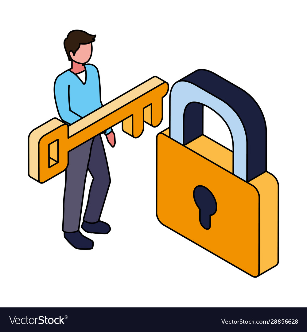 Man with security padlock and key on white