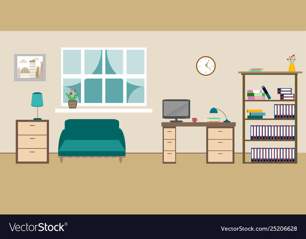 Room interior with sofa shelves books window Vector Image