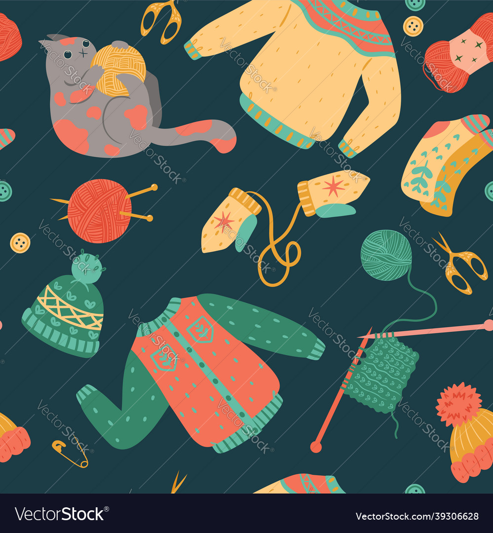 Seamless pattern with knitting items vector image Seamless pattern with knitting items