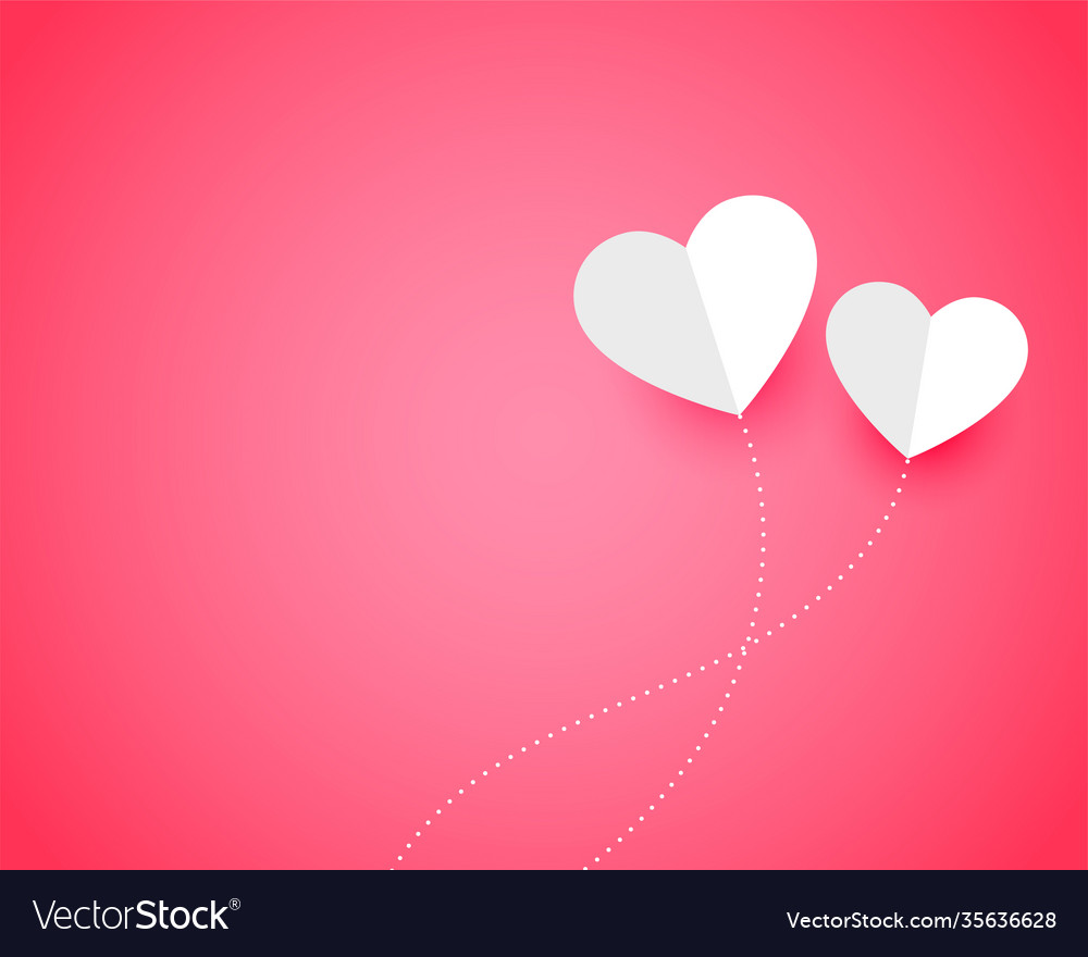 Two paper hearts on pink background with text