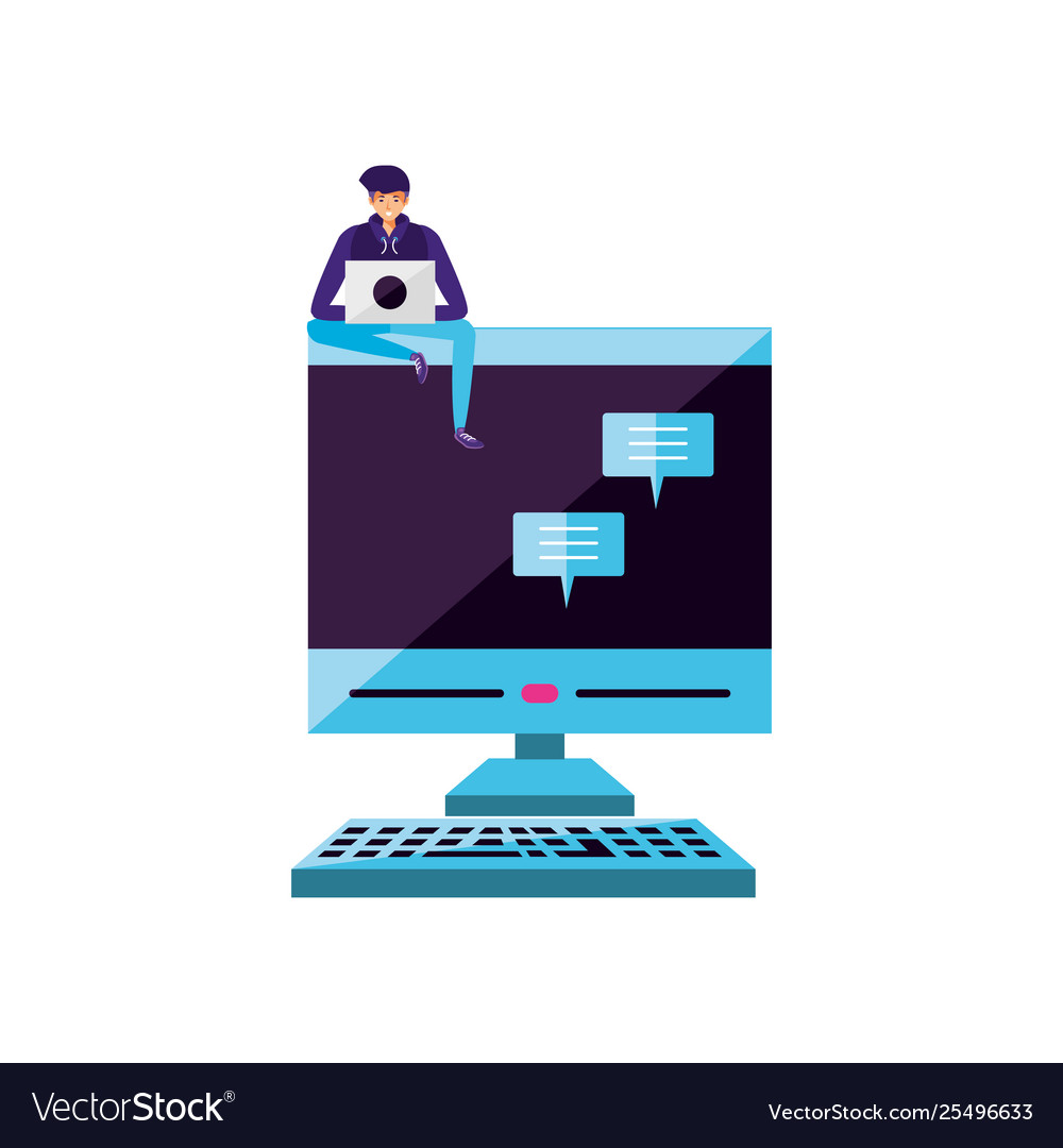 Young man using laptop computer with desktop