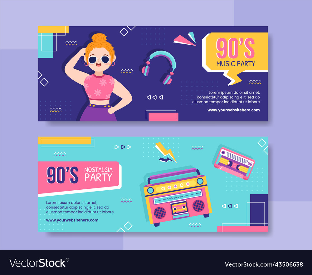 90s retro party horizontal banner template flat