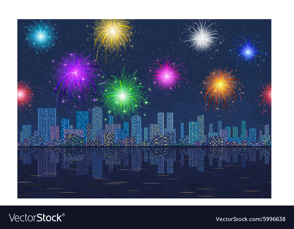 Seamless night city landscape with fireworks