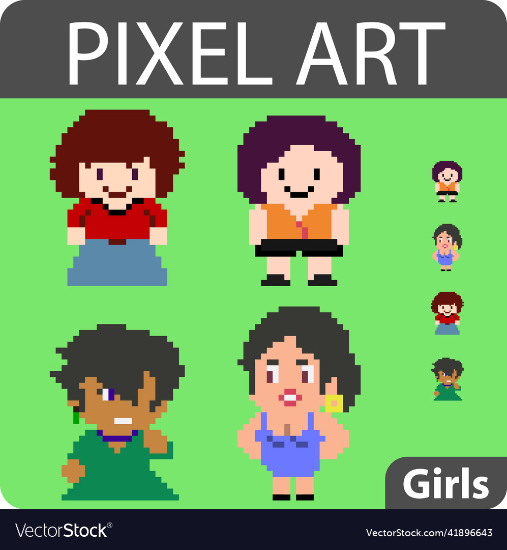 Set of pixel characters in art style vector image Set of pixel characters in art style