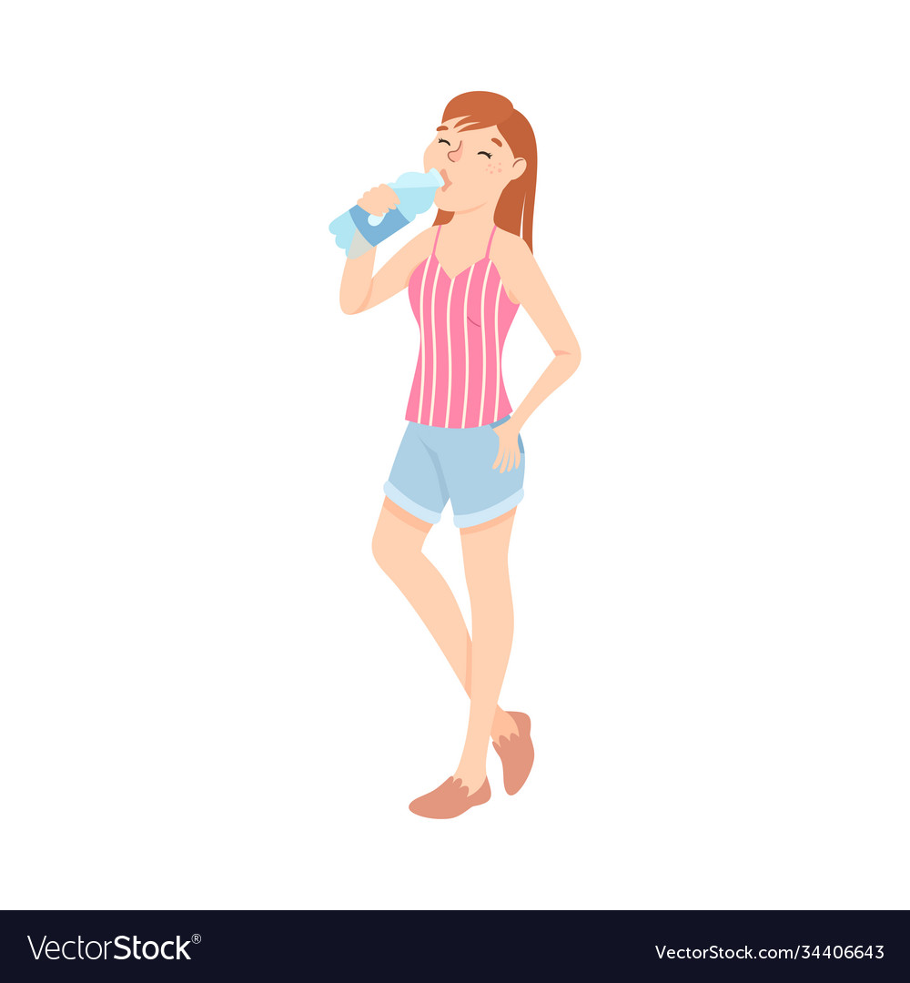 Teenage girl drinking clean water from plastic Vector Image