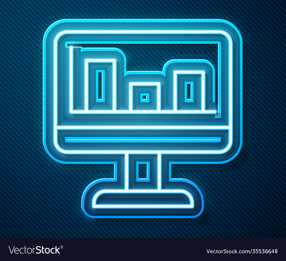 Glowing neon line computer monitor with graph vector image Glowing neon line computer monitor with graph