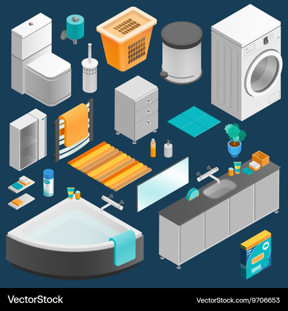 Bathroom interior isometric set Royalty Free Vector Image