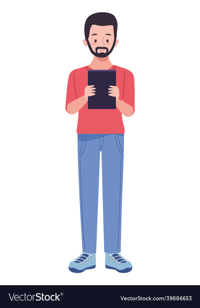 Man standing using tablet