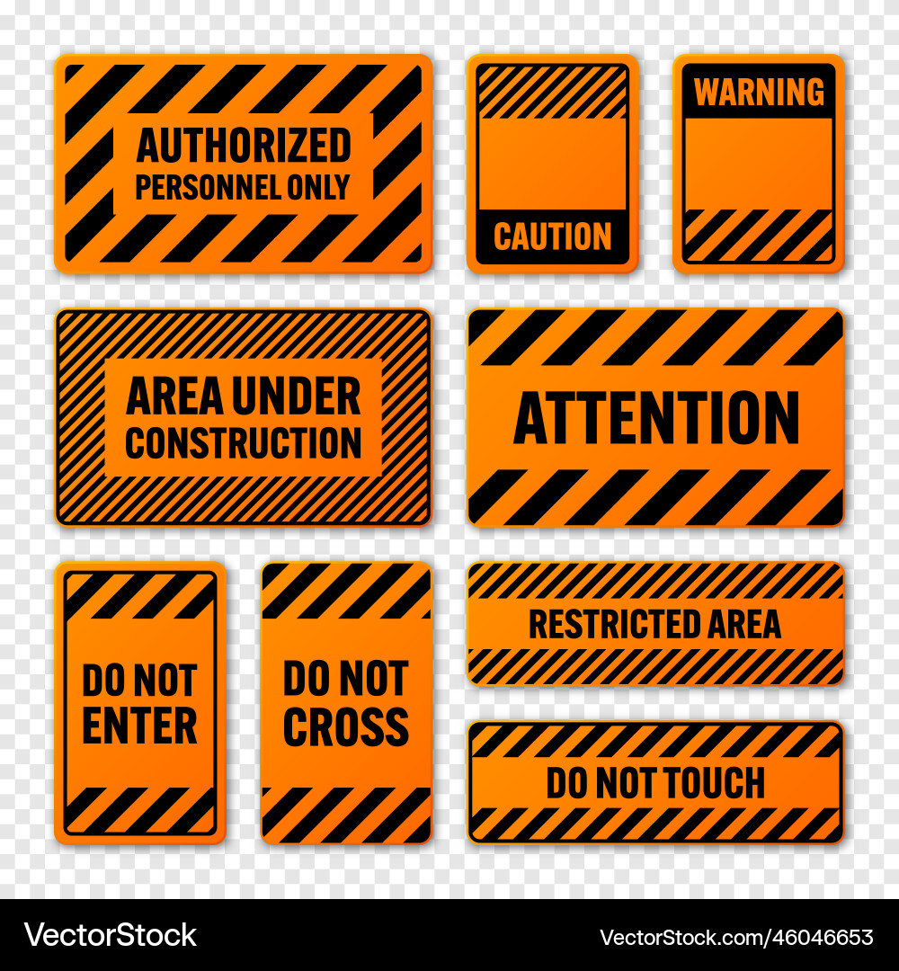 Various black and orange warning signs Royalty Free Vector