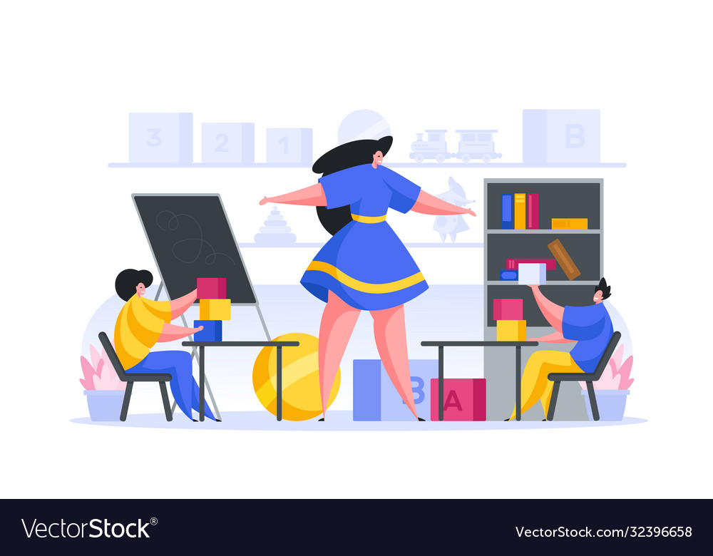 Cartoon female teacher working with children