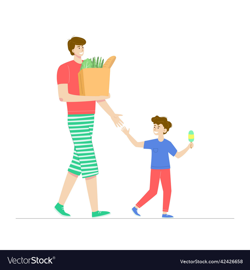 Dad and child go with groceries from the store