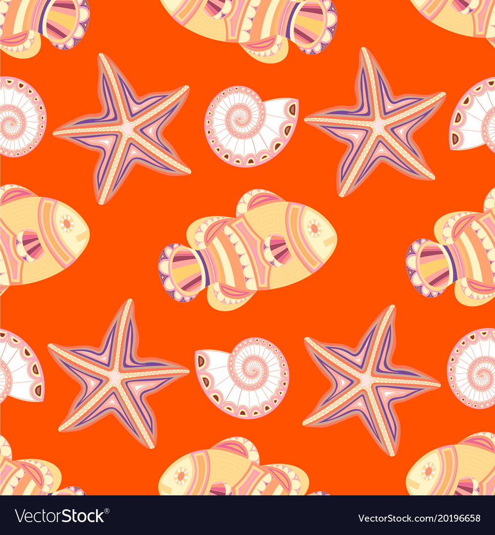 Marine seamless pattern with fish starfish