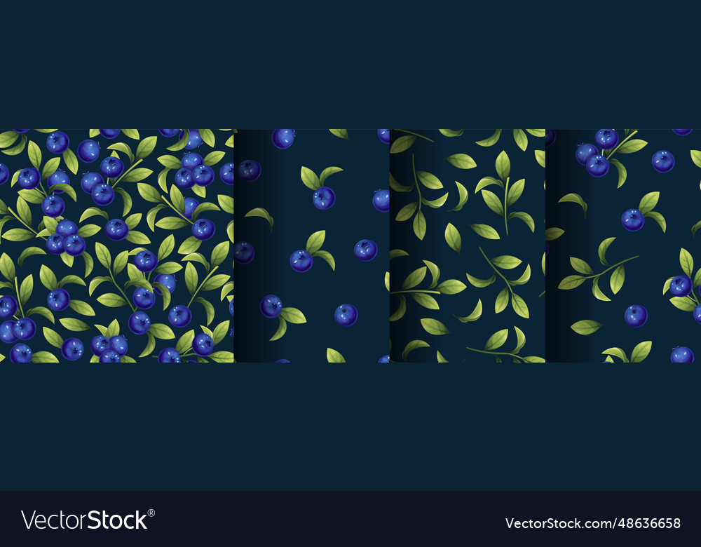 Set seamless pattern of blueberries on a dark