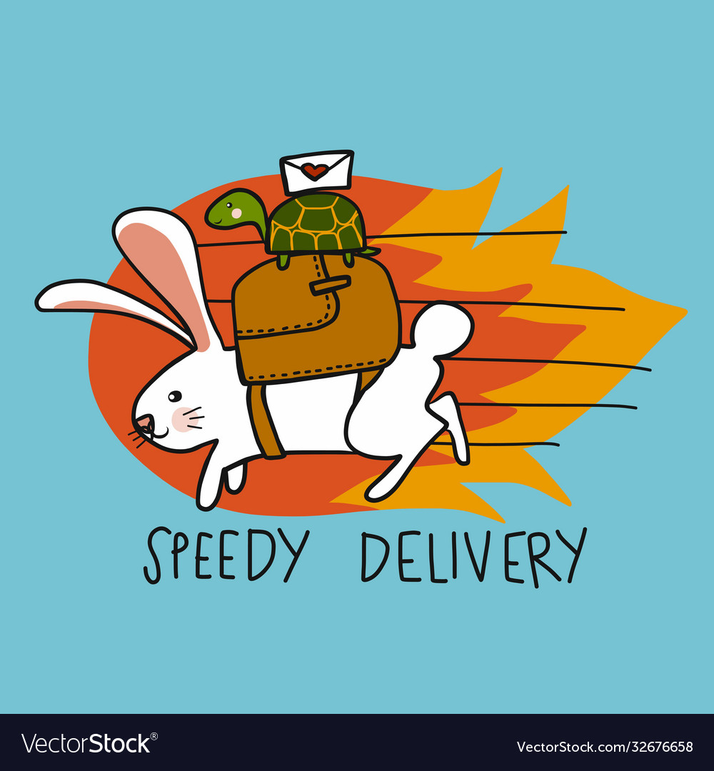 Speedy delivery rabbit and turtle postman fast run vector image Speedy delivery rabbit and turtle postman fast run