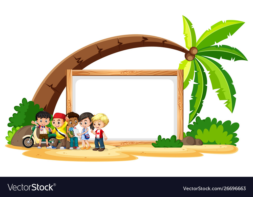 Blank sign template with kids on beach Royalty Free Vector