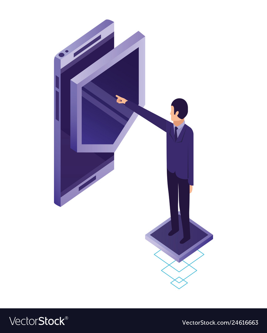 Businessman with smartphone and shield isometric vector image Businessman with smartphone and shield isometric