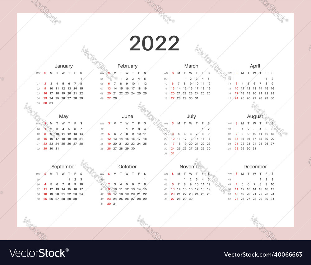 Calendar template for planners 2022 Royalty Free Vector