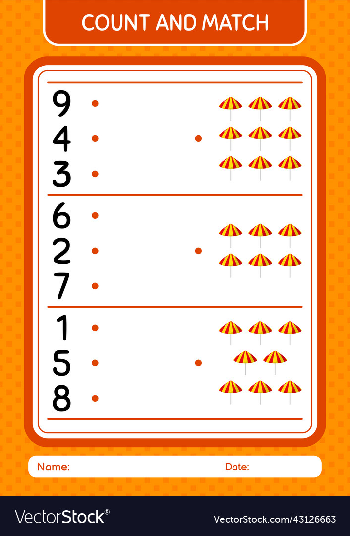 Count and match game with umbrella worksheet vector image Count and match game with umbrella worksheet