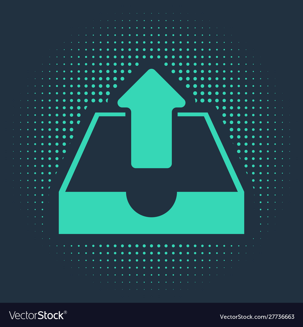 Green upload inbox icon isolated on blue