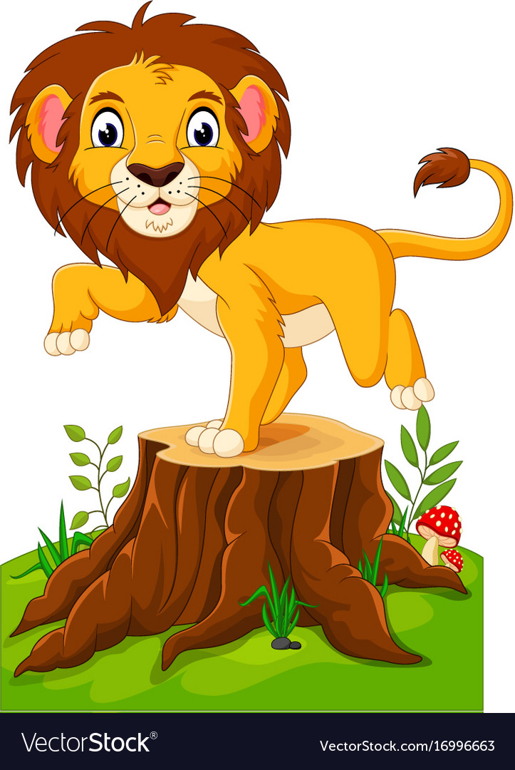 Happy cartoon lion sitting on tree stump