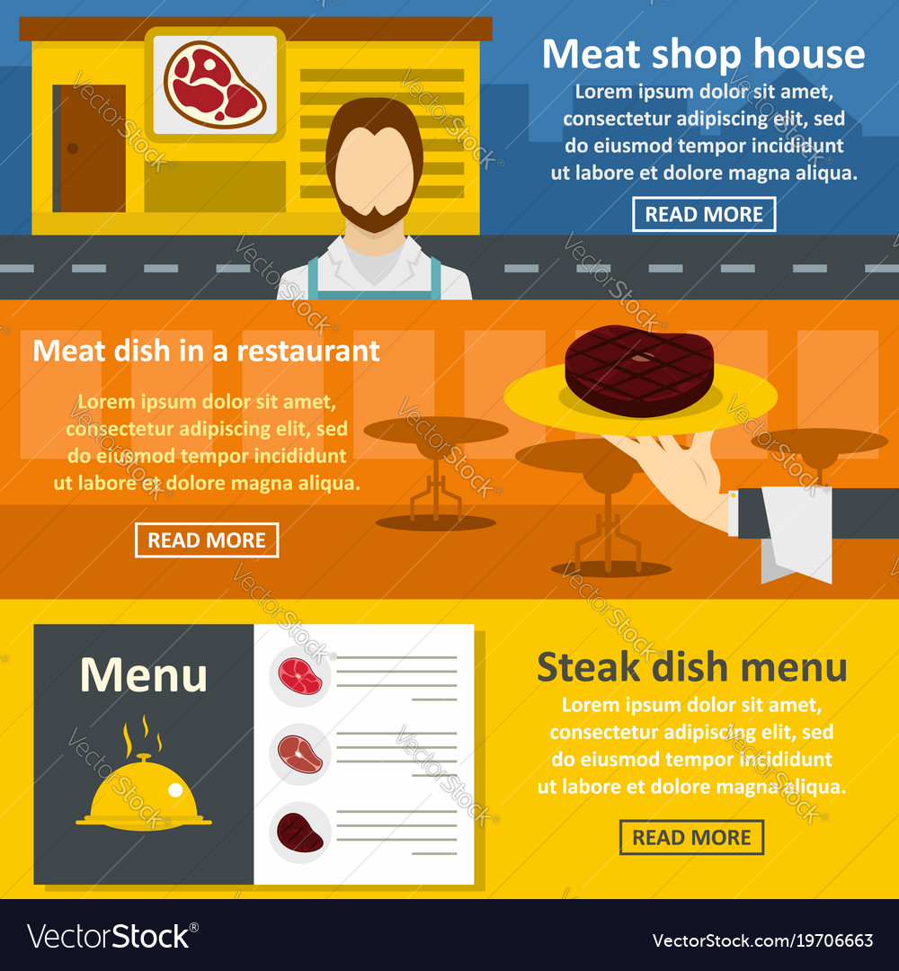 Meat Reataurant Banner Horizonatal Set Flat Style Vector Image