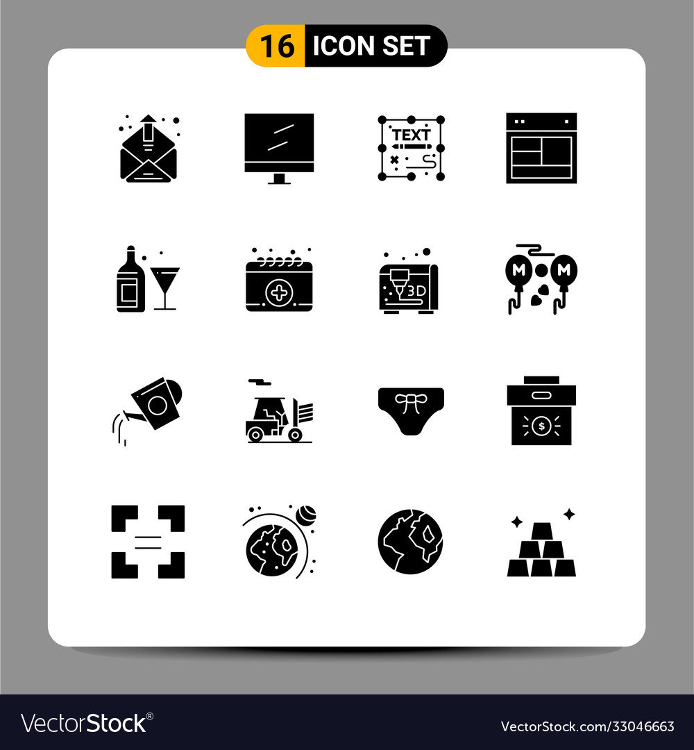 Pictograph set 16 simple solid glyphs glass