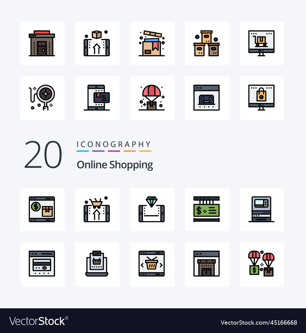 20 Online-Shopping-Linie gefüllte Farbe Icon Pack