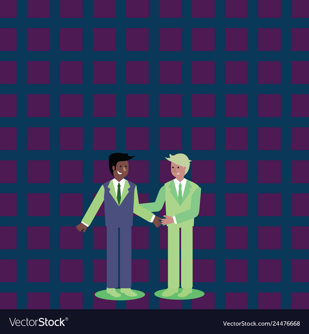 Businessmen smiling standing and handshaking two Vector Image