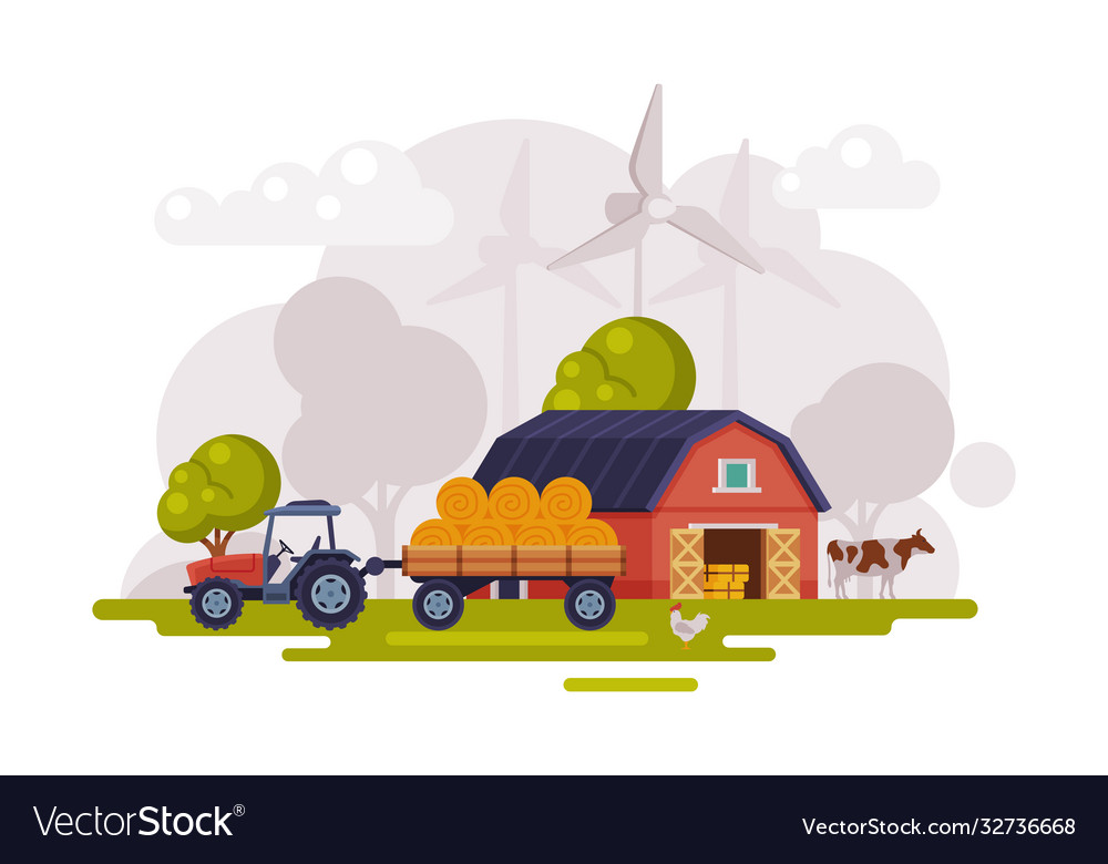 Farm scene with red barn wind turbine and tractor Vector Image