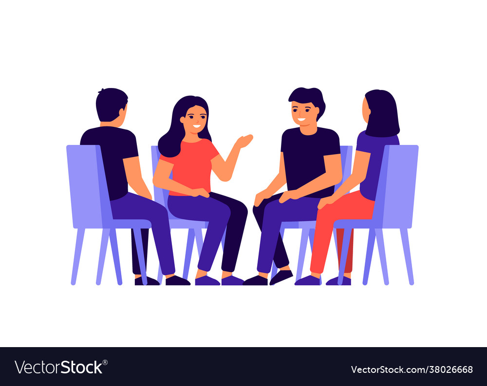 Group people is sitting in circle chatting