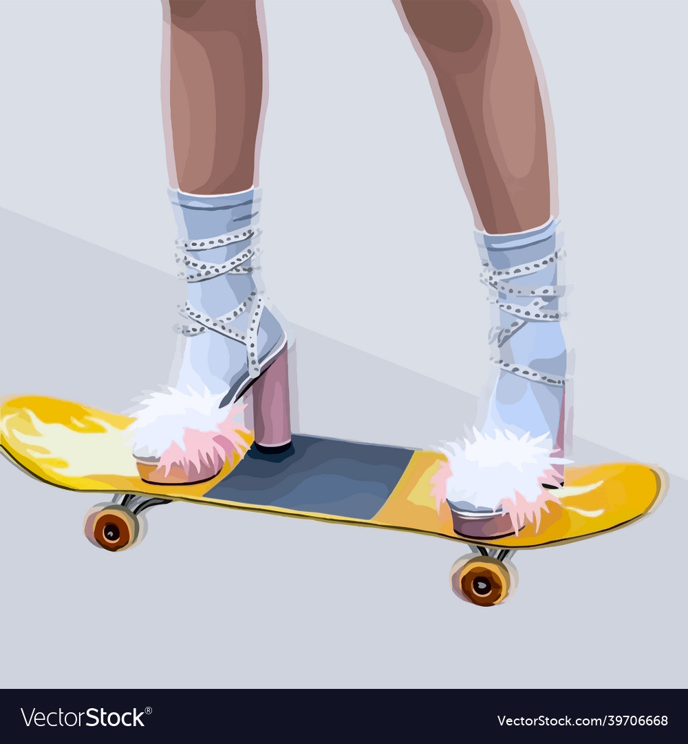 Legs of a girl riding skateboard in pink shoes