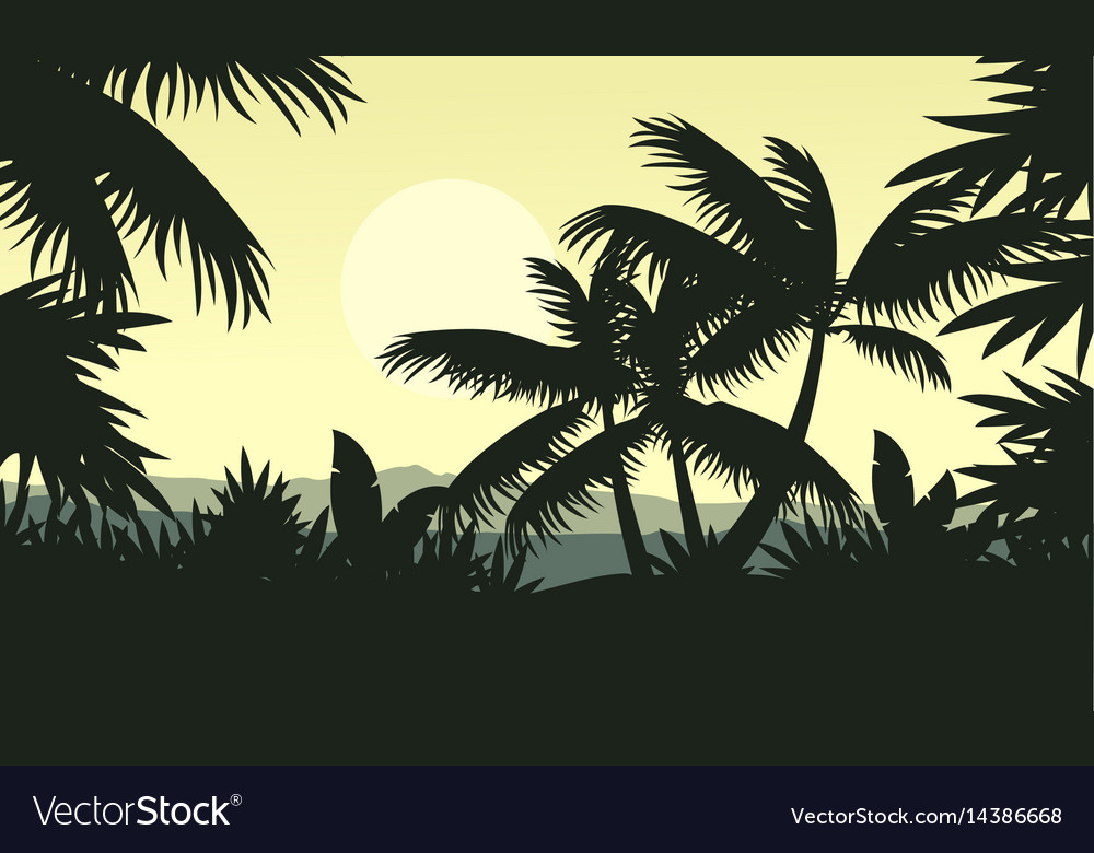 Palm tree silhouette on jungle scenery Royalty Free Vector
