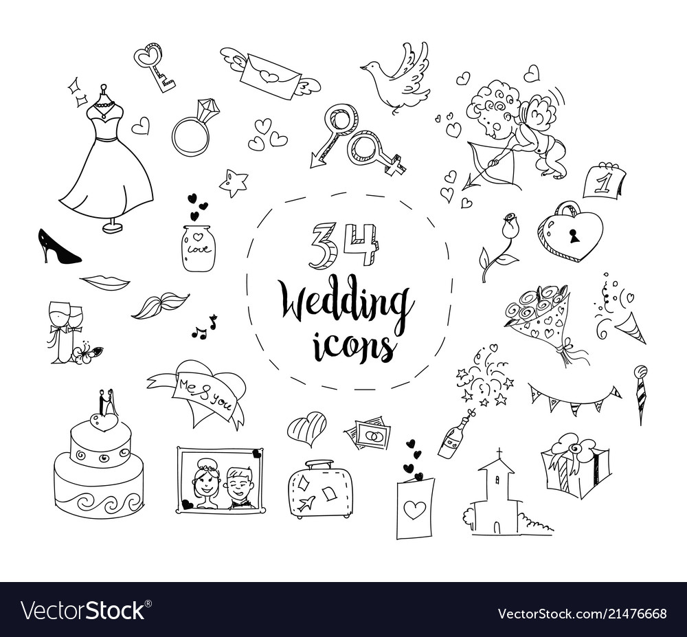 Set of cartoon wedding theme icons