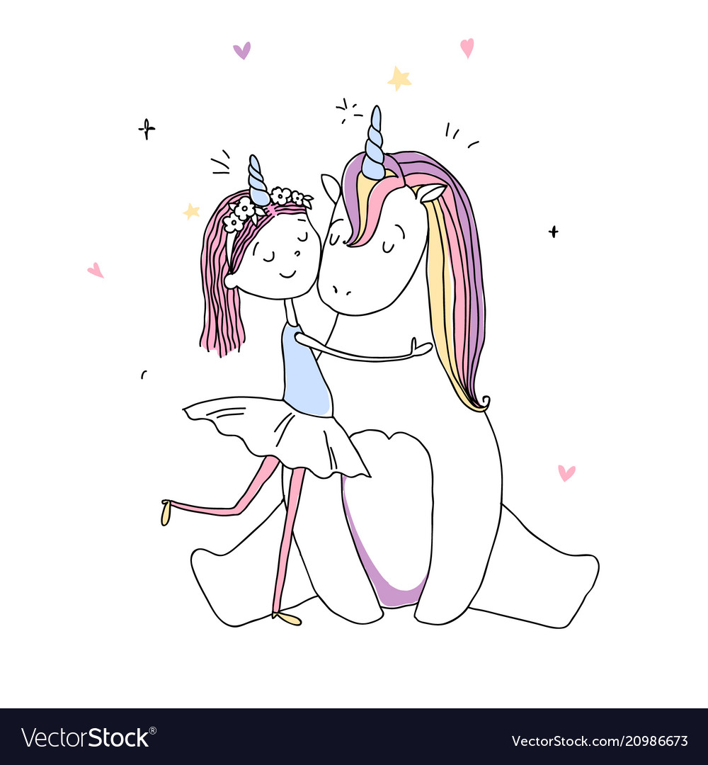 A cute girl hugs unicorn hand drawn