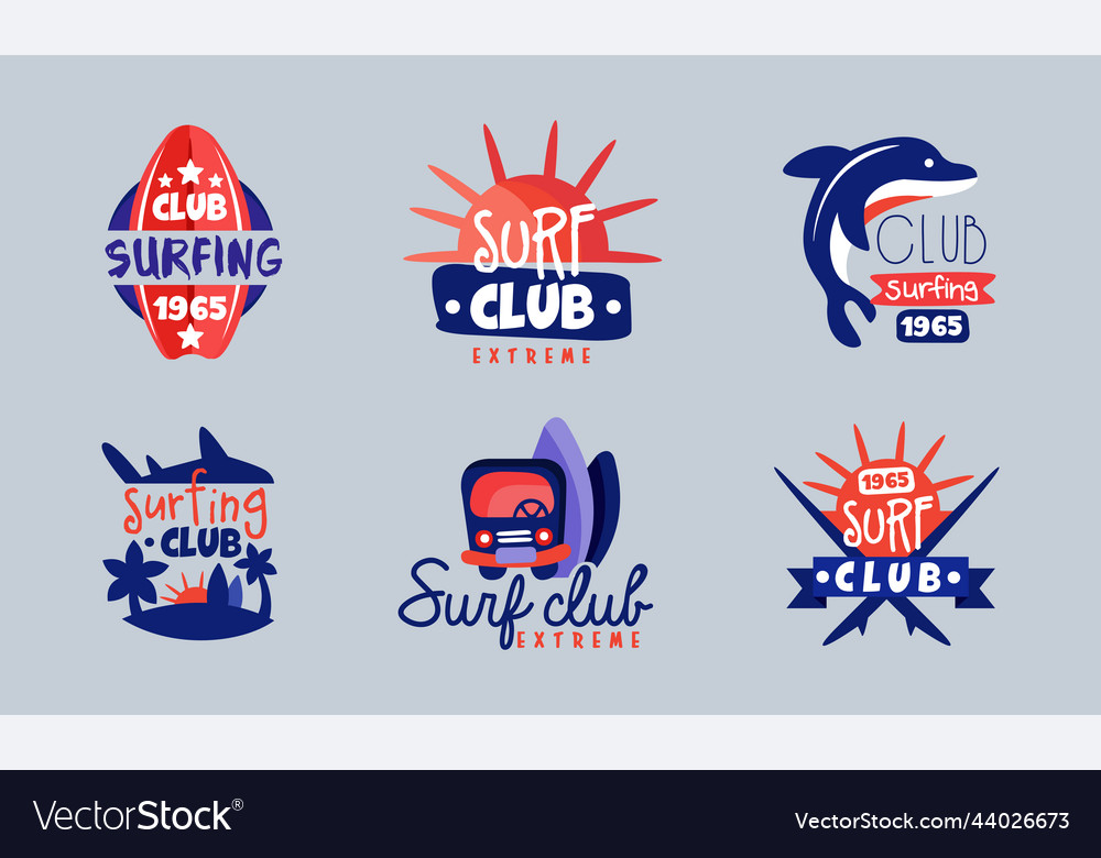 Surf club logo templates set extreme surfing vector image Surf club logo templates set extreme surfing