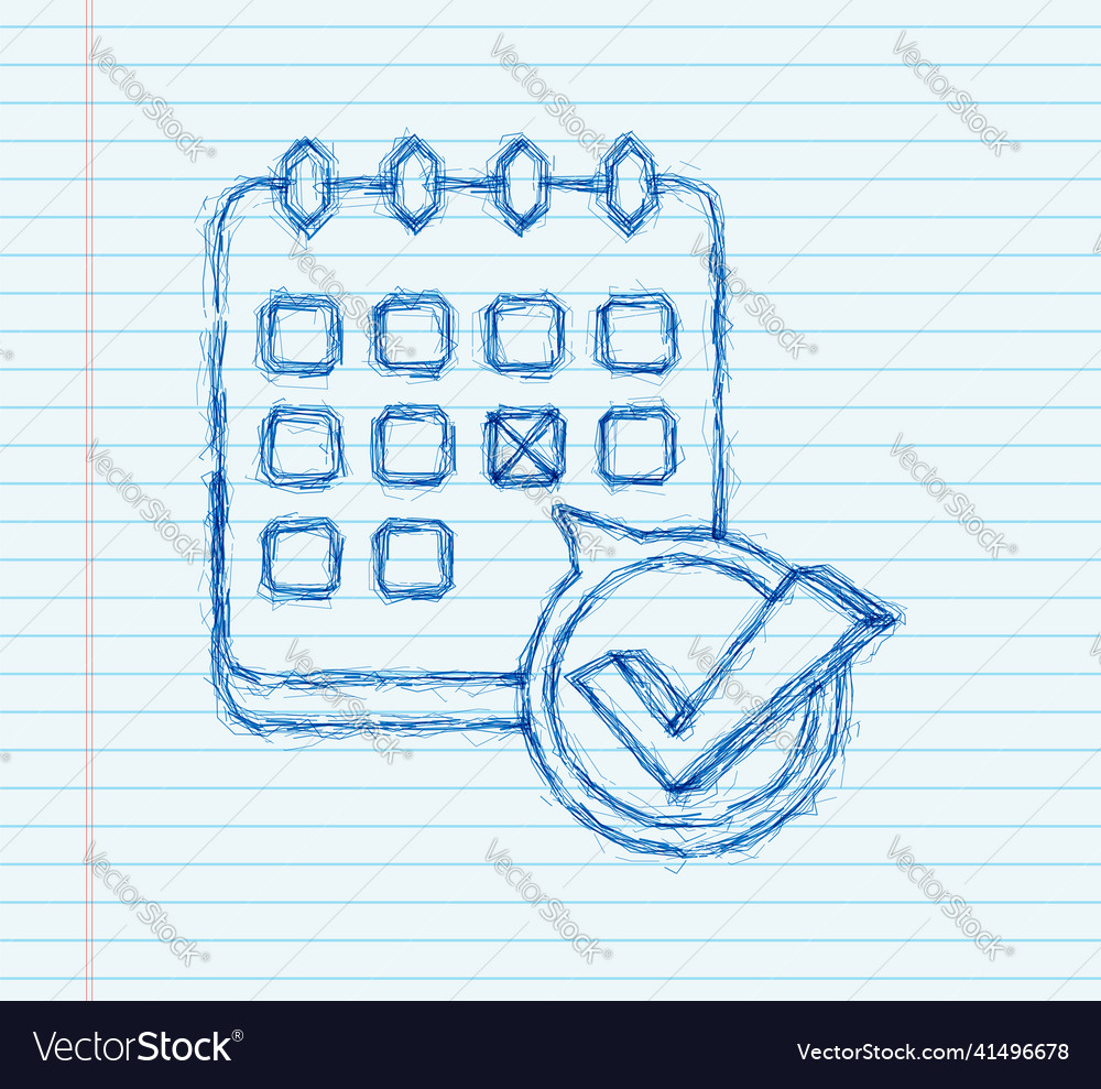 Calendar with checkmark or tick sketch icon