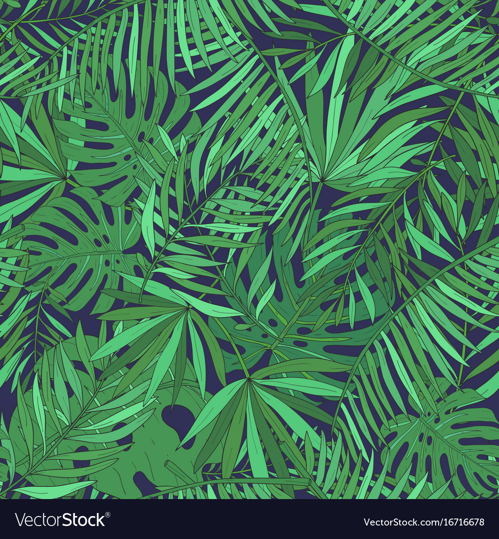 Seamless pattern with tropical palm leaves green